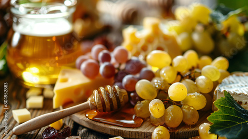 Ripe grapes cheese and honey on wooden background 