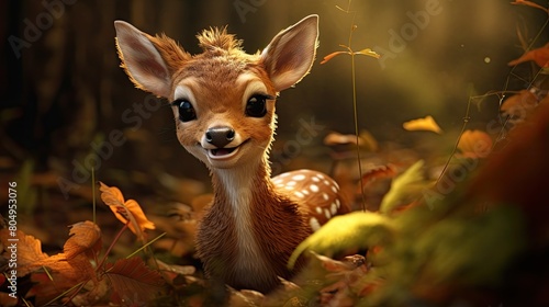 Cute deer fawn in autumn leaves