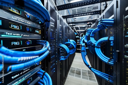Data center interior with blue network cables connected to servers, showcasing modern technology infrastructure. Created with Generative AI