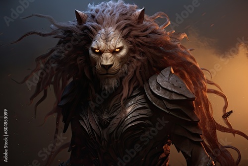 Fierce mythical lion creature with glowing eyes and dark feathered cloak