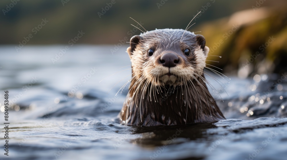 Curious river otter swimming in water Curious river otter swimming in water