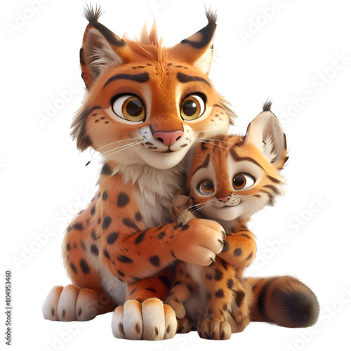 A 3D animated cartoon render of a brave lynx protecting a lost child.