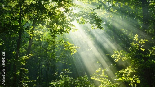 Serene forest backdrop with sunlight filtering through lush green foliage © ryanbagoez