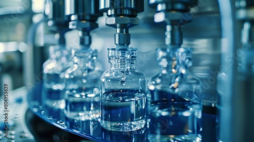 Sterile pharmaceutical vials on a production line under mechanical filling nozzles, depicting modern drug manufacturing. Created with Generative AI