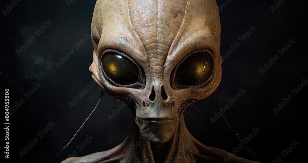 Alien face with glowing eyes in the dark Alien face with glowing eyes in the dark