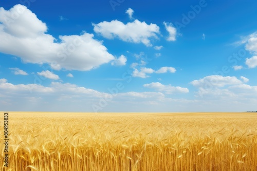 Scenic view of a golden wheat field under a blue sky with fluffy white clouds