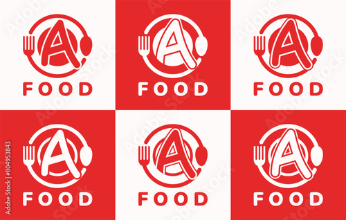 Set of letter A food plate logo. This logo combines letters and cutlery shapes. Perfect for restaurants, food courts, fast food, street food and cafe.