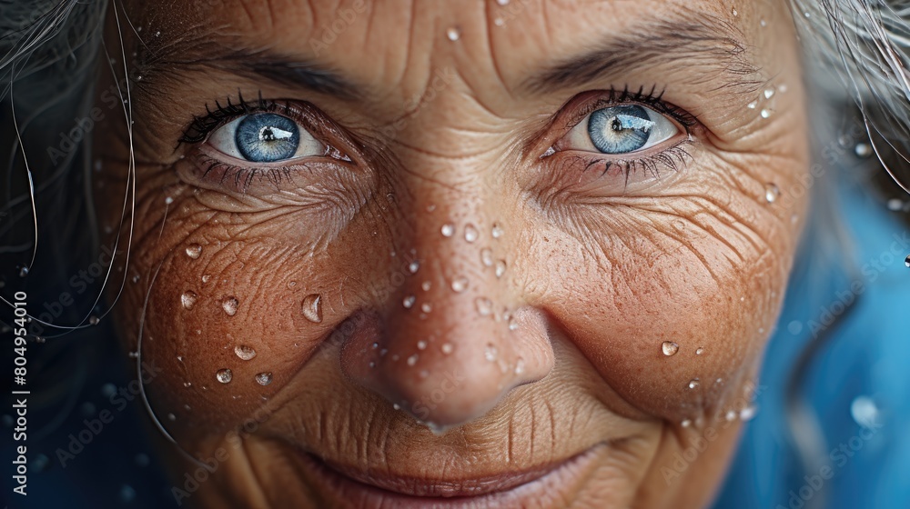 Closeup portrait of elderly woman with wrinkled skin and blue eyes Closeup portrait of elderly woman with wrinkled skin and blue eyes