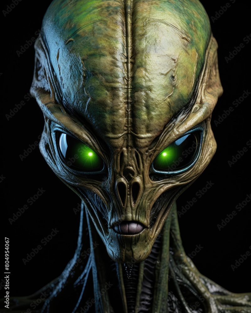 Alien face with glowing green eyes Alien face with glowing green eyes