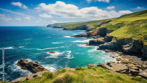 The striking beauty of the Cornwall coast beaches with high cliffs 