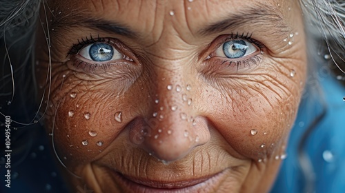 Closeup portrait of elderly woman with wrinkled skin and blue eyes