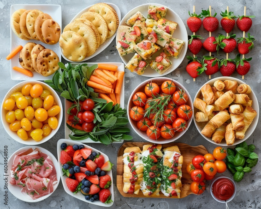 A delicious spread of food, including fruit, vegetables, and crackers. Perfect for a party or gathering. A delicious spread of food, including fruit, vegetables, and crackers. Perfect for a party or gathering.