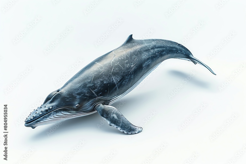 3D render of a blue whale, majestic pose, stark white background, realistic texture, soft overhead lighting, centered composition