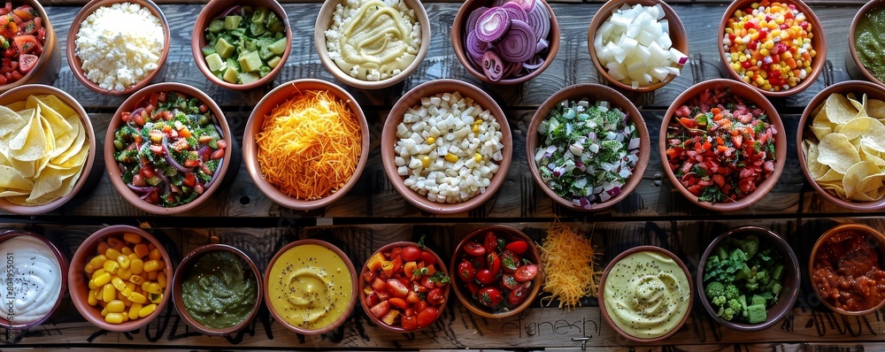 A variety of fresh and healthy ingredients are arranged in small bowls, including fruits, vegetables, nuts, and seeds.