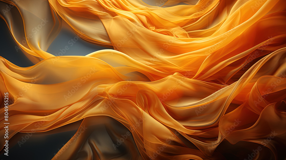 Fototapeta premium Contemporary Fluttering Yellow Color Silk Fabric in Space With Delicate Folds on Bokeh Background