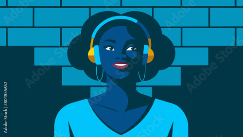 Inclusive image of a happy young gen-z black woman smiling and listening to music through headphones, vivid colours, colourful brick background