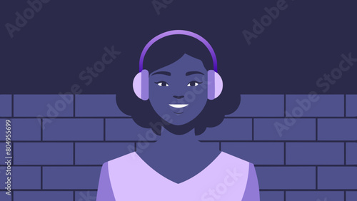 Inclusive image of a happy young gen-z black woman smiling and listening to music through headphones, vivid colours, colourful brick background