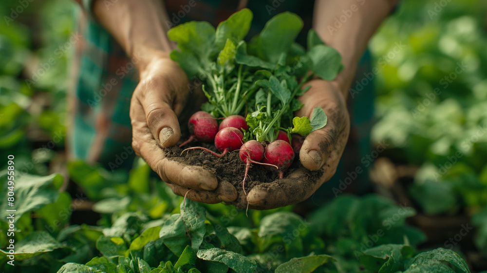 Organic vegetables. Farmers hands with freshly harvested vegetables. Horse radish. Organic vegetables. Farmers hands with freshly harvested vegetables. Horse radish.