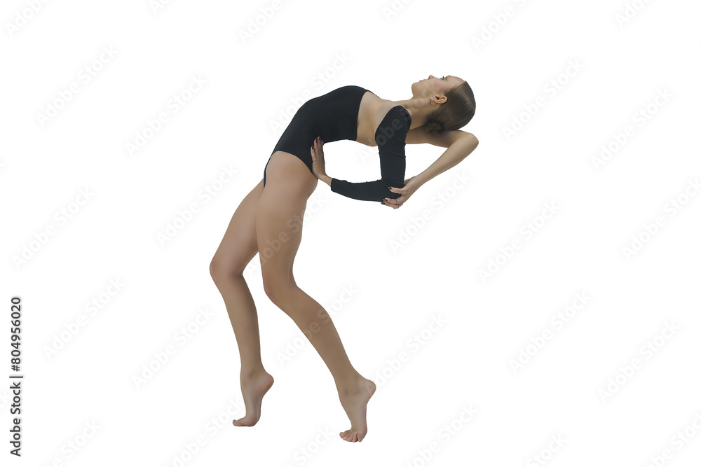 young female dancer in a bodysuit and barefoot shows elements of modern choreography with an eversion of the arms, isolated on transparent background, png