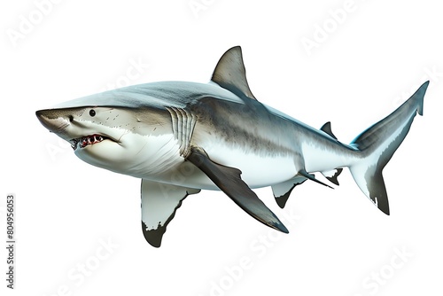 Bull shark  3D graphic  white background  aggressive stance  fine scale detail  bright overhead lighting for dramatic effect