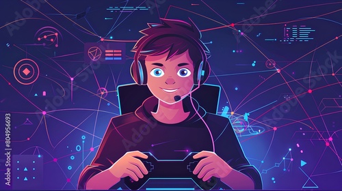 Gamer with online network conection futuristic style ilustration