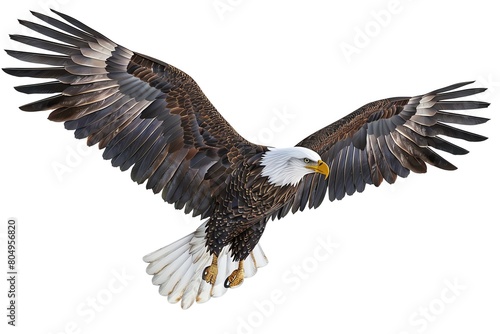 Eagle in flight, 3D render, pure white background, wings fully extended, detailed feathers, dynamic lighting from above photo