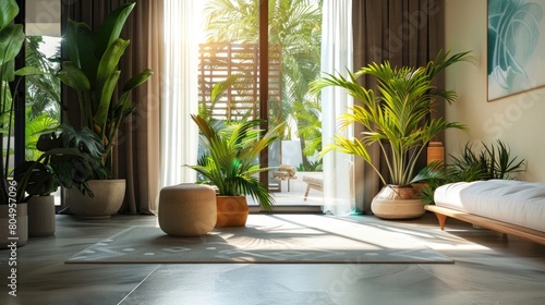 Bright living room with potted plants by window