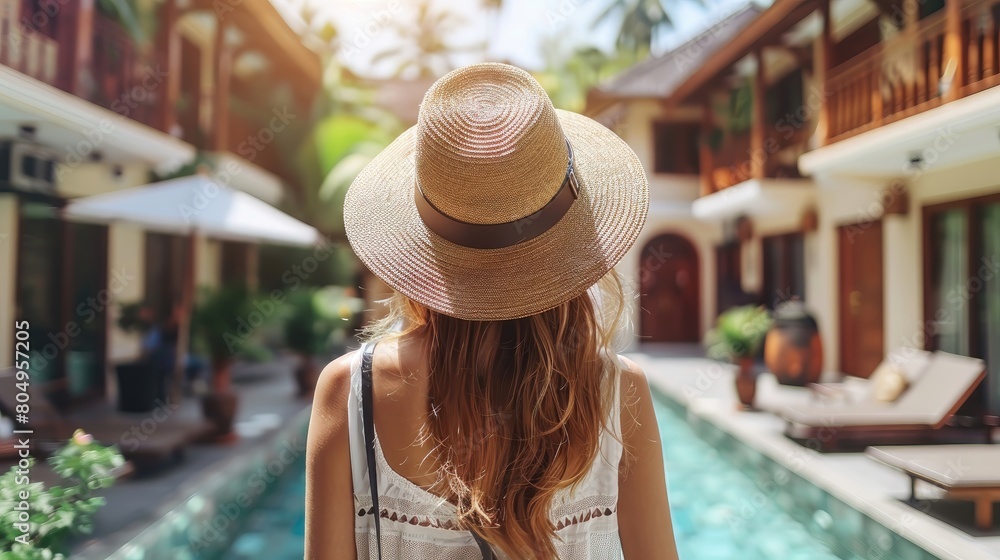 A woman wearing a straw hat stands in front of a pool