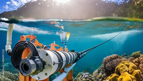 A high-tech submarine fiber-optic cable used for global underwater communication, transmitting data across oceans with high-speed internet connectivity. under water