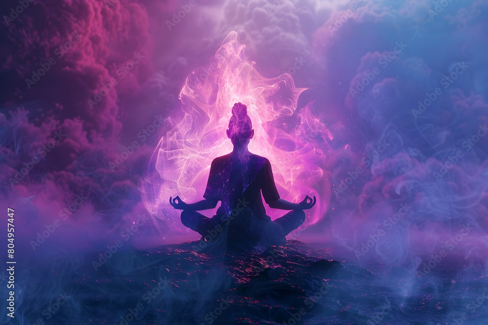 Transcending to Higher Realms Through Interconnected Meditation in Isolated Cinematic Atmosphere