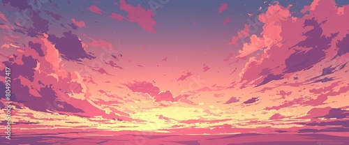 The pink sky over rural landscapes during sunset, offering a picturesque view of the dusky sky, Cartoon background