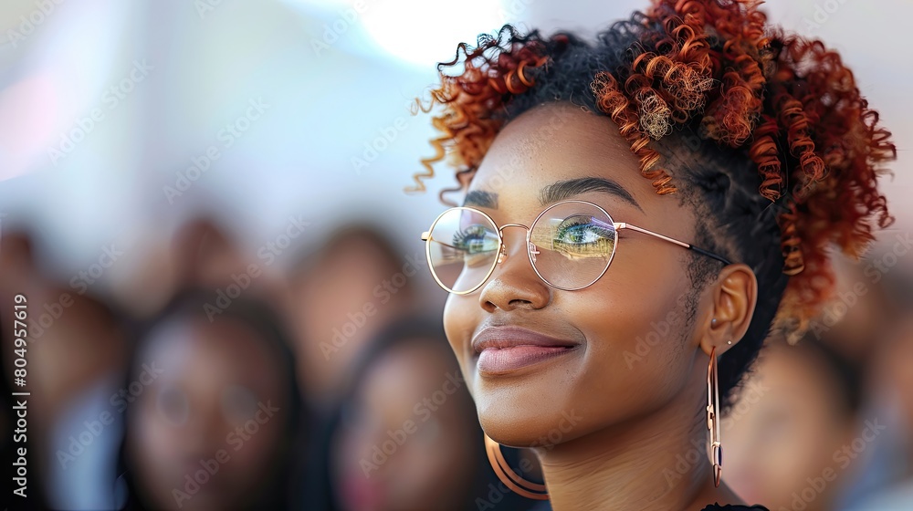 Obraz premium A woman with curly hair and glasses is smiling at the camera
