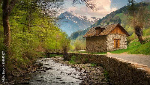 old house in the mountains Beautiful cozy fantasy stone cottage in a spring forest aside a cobblestone path and a babbling brook. Stone wall. Mountains in the distance. Magical tone and feel, hyper re