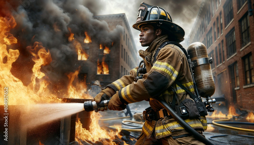  photorealistic image of an African American male firefighter extinguishing fire in burning building