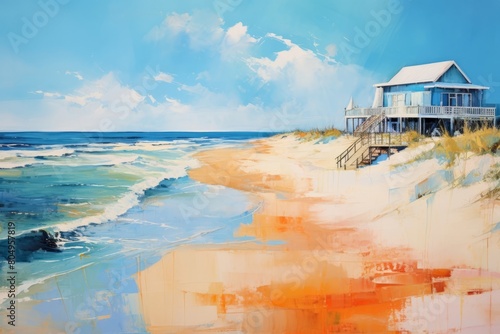 Watercolor illustration of colorful summer houses on the sandy ocean shore. Modern coastal summer art by the sea in vibrant blues and oranges photo