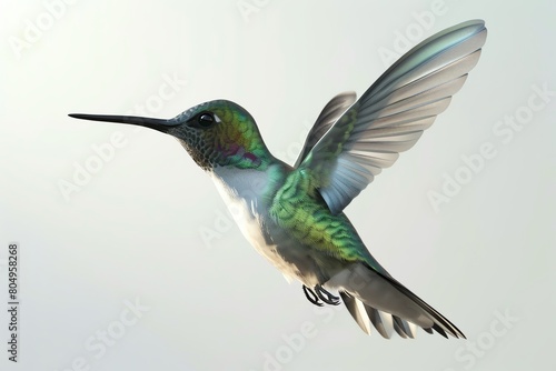 Hummingbird hovering, 3D illustration, clean white backdrop, vibrant color display, delicate wing movement, soft diffuse lighting © Pniuntg