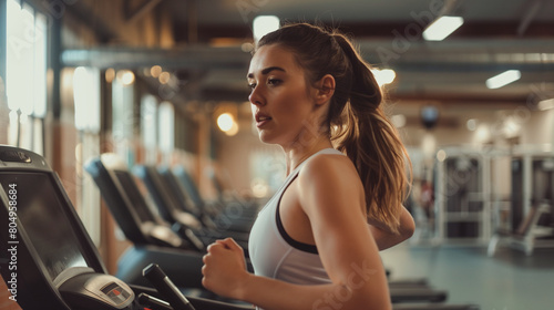 A woman is running on a treadmill in the gym, with a slightly blurred background, Ai Generated Images