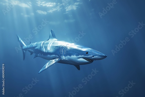 Mako shark, 3D visual, bright white environment, fast swimming action, streamlined body detail, spotlight from behind photo