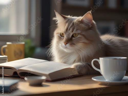 Lovable cat relaxing Drinking coffee Reading a book