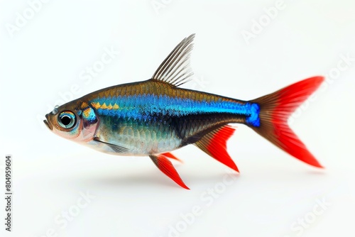 Neon tetra, 3D artwork, clean white background, bright blue and red stripes, precise texturing, ambient light from front