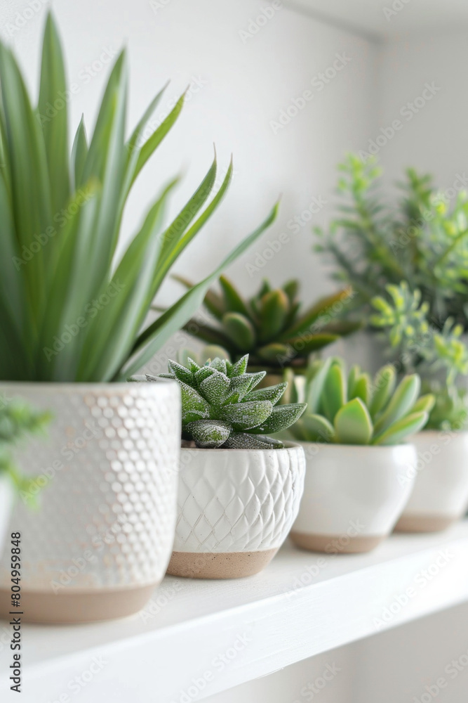 A series of minimalist ceramic plant pots with geometric patterns, arranged in a row on a white shelf, showcasing their modern aesthetic. A series of minimalist ceramic plant pots with geometric patterns, arranged in a row on a white shelf, showcasing their modern aesthetic.