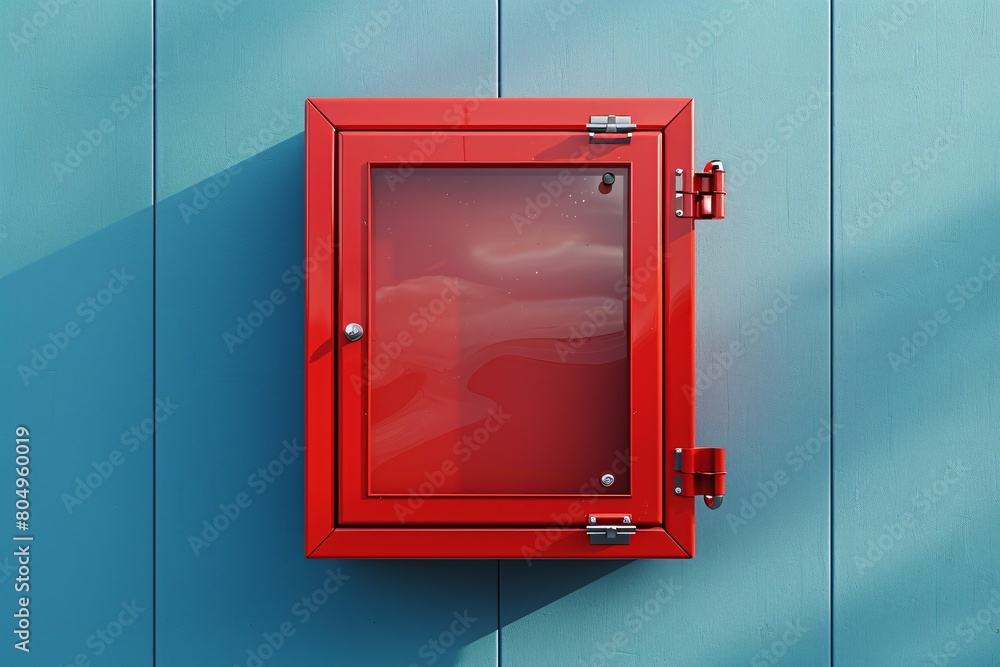 © ckybe - A vacant crimson safety container with a breakable glass for emergency situations attached to a wall - digital image.
