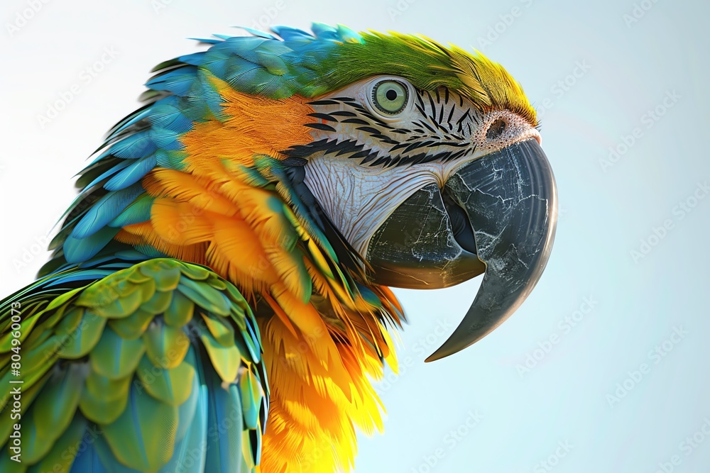 Parrot in profile, 3D artwork, pristine white background, bright plumage, detailed beak and eye, ambient light from front