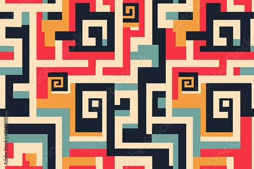 Geometric seamless pattern with an Asian-inspired aesthetic and vibrant colors. photo