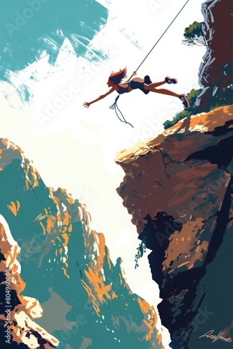 Bungee or rope jumping from top of rock. Excited girl falling upside down with elastic cord from height. Extreme activity in mountains in summer. Flat isolated vector illustration on white background