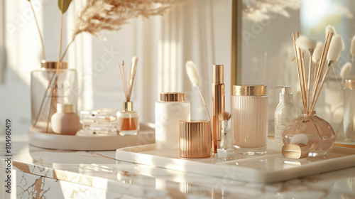 Set of decorative cosmetics and accessories on table