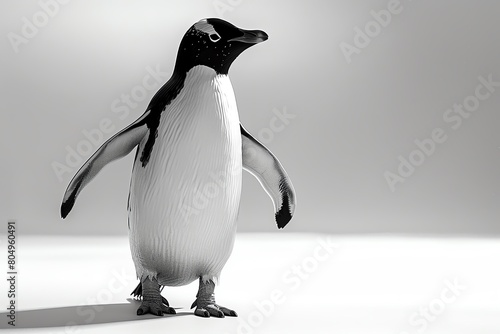 Penguin waddling, 3D render, white setting, characteristic black and white color, realistic texture, soft side lighting