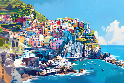 Watercolor painting of a beautiful city on the coast. photo