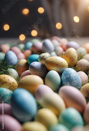 White Easter bunny rabbits in different poses and pastel Easter eggs vector illustration