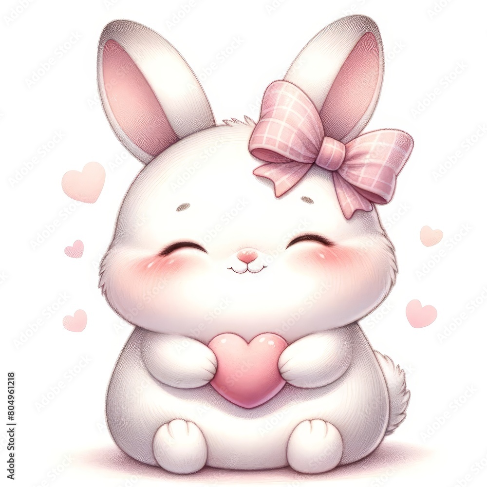 A cute cartoon rabbit with a pink bow on its head is holding a pink heart. The rabbit is surrounded by hearts. A cute cartoon rabbit with a pink bow on its head is holding a pink heart. The rabbit is surrounded by hearts.